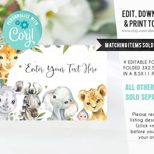 May include: Editable food labels featuring a watercolor illustration of a giraffe, rhino, zebra, elephant, and monkey. The labels are folded and measure 3 by 2.5 inches. The text "Enter Your Text Here" is included on the label.