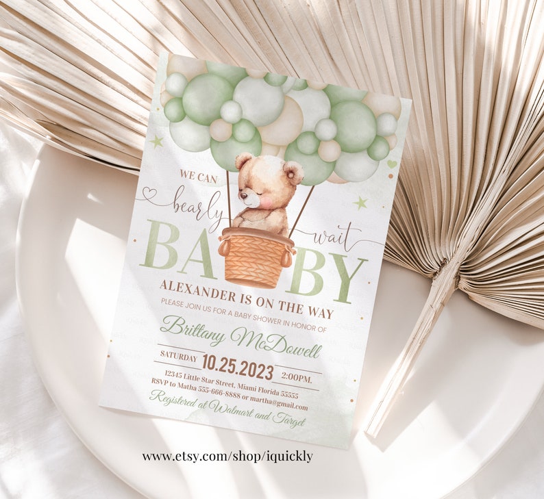 Editable We Can Bearly Wait Baby Shower Invitation Teddy Bear Hot Air ...