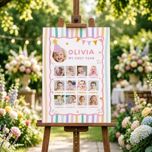 Pu&ograve; includere: Un cartello rettangolare verticale su un cavalletto in legno con bordo a righe pastello e cornice rosa smerlata. Il cartello mostra il testo OLIVIA MY FIRST YEAR, la foto di un bambino con cappellino da festa e dodici spazi per foto.