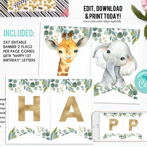 May include: Editable printable banner featuring a giraffe and elephant design. The banner includes the letters "HAPPY 1ST BIRTHDAY" in gold. The banner is 5x7 inches and comes with two flags per page.