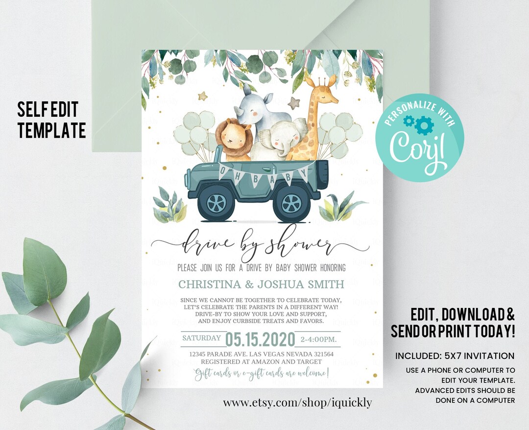 Editable Drive by Baby Shower Invitation Safari Animal Drive Through