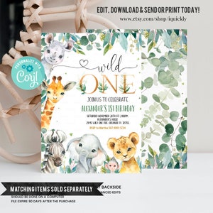 May include: A printable invitation for a first birthday party with a jungle theme. The invitation features a gold number one with the words "wild one" in cursive. The background is a watercolor design of green leaves and animals, including a giraffe, zebra, elephant, lion, and monkey.