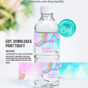 Editable Mermaid Bag Label Template Under the Sea Party Labels Sized to Print on 8.5x11 in Page ...