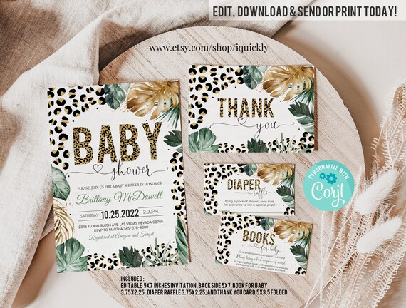 EDITABLE Leopard Print Baby Shower Invitations Set Boy Leopard Baby Shower Invite Bundle Safari 