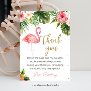 Cartão de agradecimento de festa de aniversário flamingo editável, aquarela tropical, rosa, nota de agradecimento, 1º aniversário, verão, impressão digital, corjl fbp4