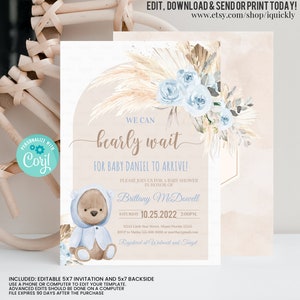 Modificabile Boho Teddy Bear Baby Shower Invito Boho Pampas Grass Boy Blue Teddy Bear Baby Shower Coppia CoEd Doccia Download immediato