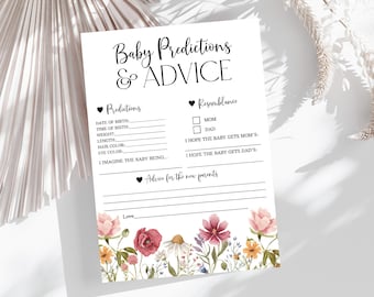 Jeux de baby shower pour bébé en fleurs Carte de pronostics et de conseils pour bébé modifiable Jeu de shower de jardin floral fleurs sauvages imprimable Modèle numérique