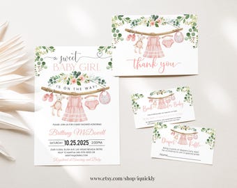 Babyshower-inbjudningspaket för flicka, redigerbara babykläder, inbjudningsset, söt babyflicka, tvätt, rosa blommig, boho, utskrivbar digital nedladdning