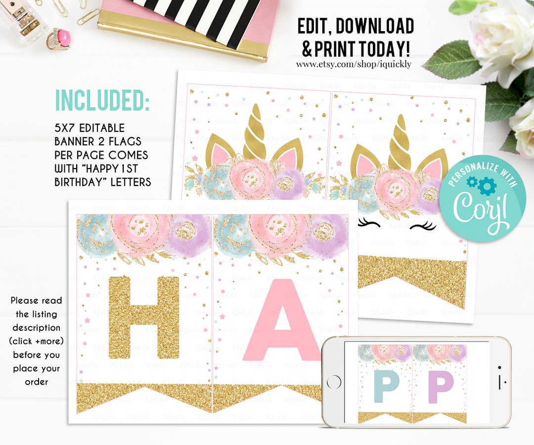 EDITABLE Unicorn Banner, Happy Birthday Banner, Printable 1st Birthday ...