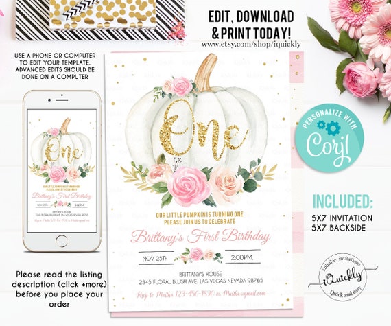 EDITABLE Pumpkin 1st Birthday Invitation Floral Pink and gold Girl Pumpkin First birthday Invites Fall Autumn Instant Download Template Il_570xn