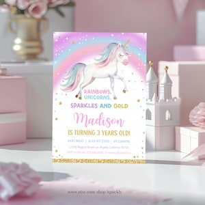 Unicorn Birthday Invitation Editable 3rd Rainbow Pastel Birthday Invite Girls 3rd Invitation Any Age Printable Template Digital Download