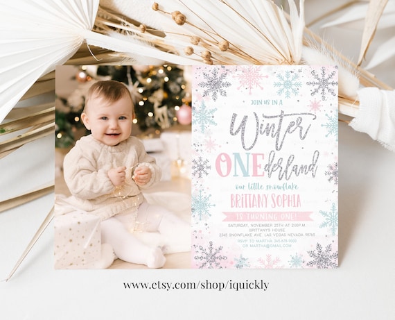 Editable winter onederland invitation girl snowflake first birthday pink silver winter 