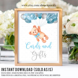 Cartões de urso de pelúcia e sinal de presentes, sinal de mesa de presente de chá de bebê, menino de chá de bebê de urso, sinal de mesa de presente, download digital instantâneo para impressão