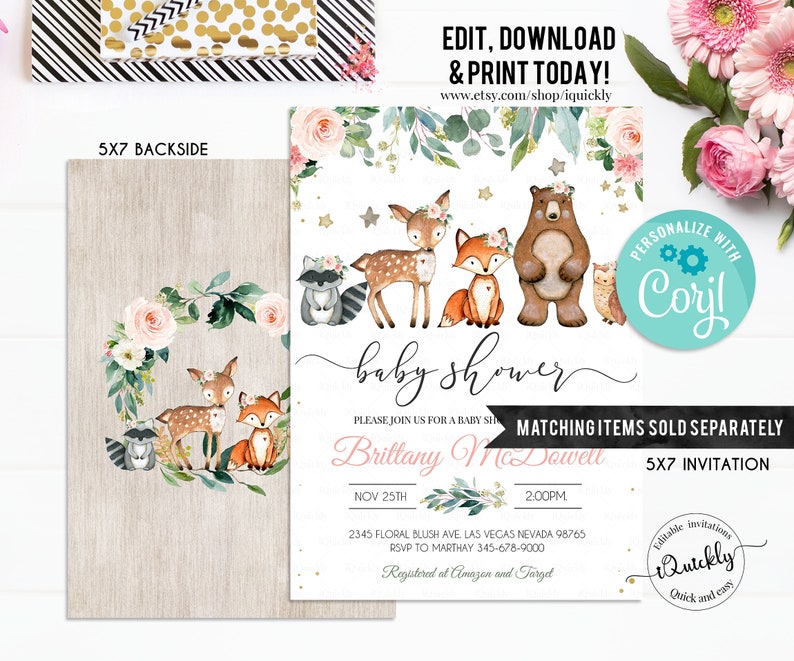 EDITABLE Woodland girl Food tags, Girl Buffet label, Forest animals Tent card Food Labels Place Cards Table Card Printable Template Instant image 9