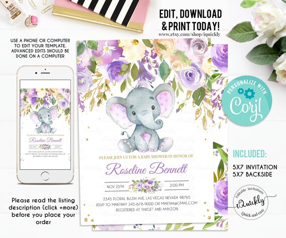 Elephant Baby Shower Invitation Girl EDITABLE Purple Shower Invitations Jungle Safari Shower Invite Floral Flower Instant Download Printable Il_570xn