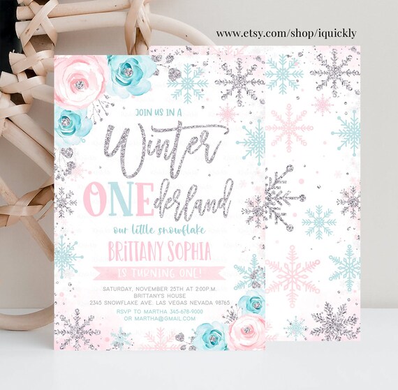 Editable winter onederland birthday girl invitation snowflake first birthday winter wonderland 