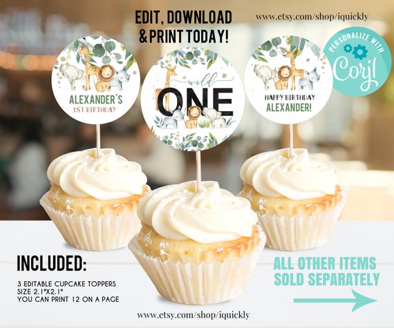 editable safari birthday cupcake toppers jungle animals party etsy