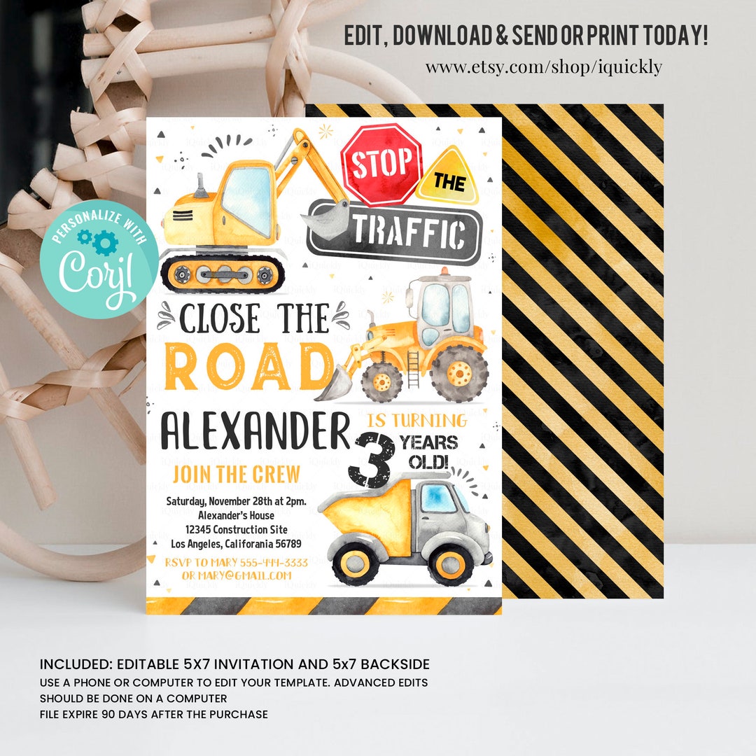 Editable Construction Invitation Construction Birthday Invitations Dump Truck Party Invite