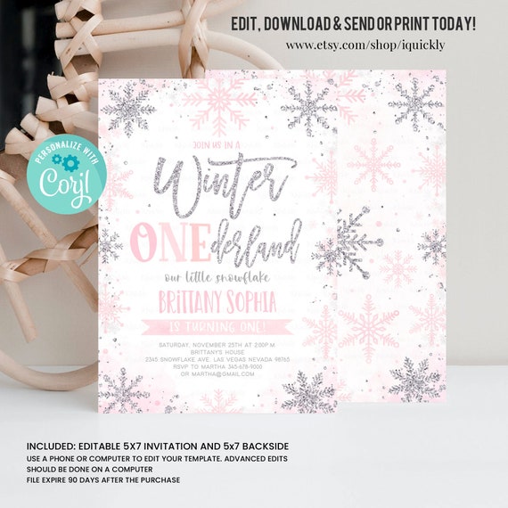 Editable Winter Onederland Invitation, Girl Snowflake First Birthday Editable Winter Onederland Invitation, Girl Snowflake First Birthday