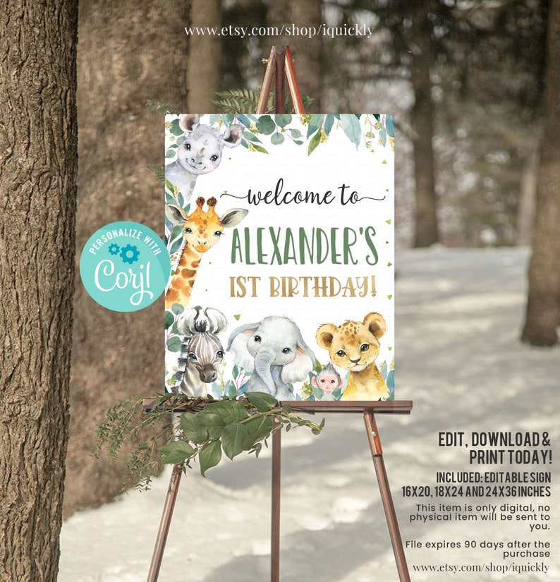 May include: Editable printable sign for a first birthday party with a jungle theme. The sign features a giraffe, zebra, elephant, lion, and monkey with green leaves and gold glitter. The text reads "Welcome to Alexander's 1st Birthday!"