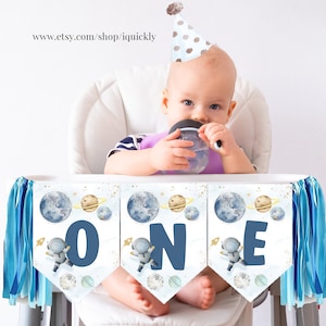 Outer Space Planets High Chair Banner Silver Astronaut Rocket 1st First Birthday Boy High Chair ONE Banner Party Printable Digital FT103