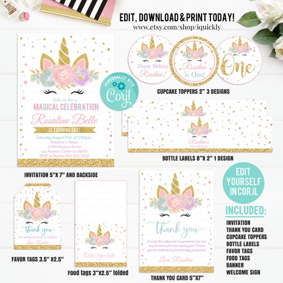 Editable Unicorn Party Decorations, Unicorn Party Package Birthday Invitations Magical Unicorn Invite Girl Template Digital Instant Download Il_570xn