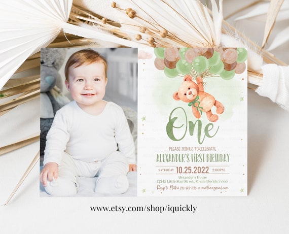 Editable Teddy Bear Birthday Invitation Boy Bear Themed Invite,1st Birthday Bear with Balloons Invitations template Instant download Il_570xn
