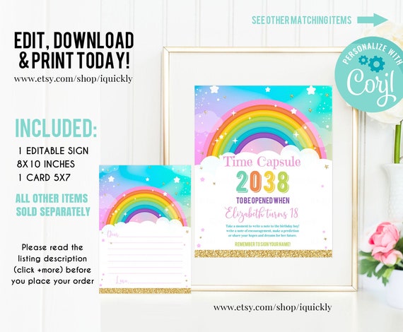 EDITABLE Rainbow Time Capsule and Matching Note Cards Gold 1st Birthday