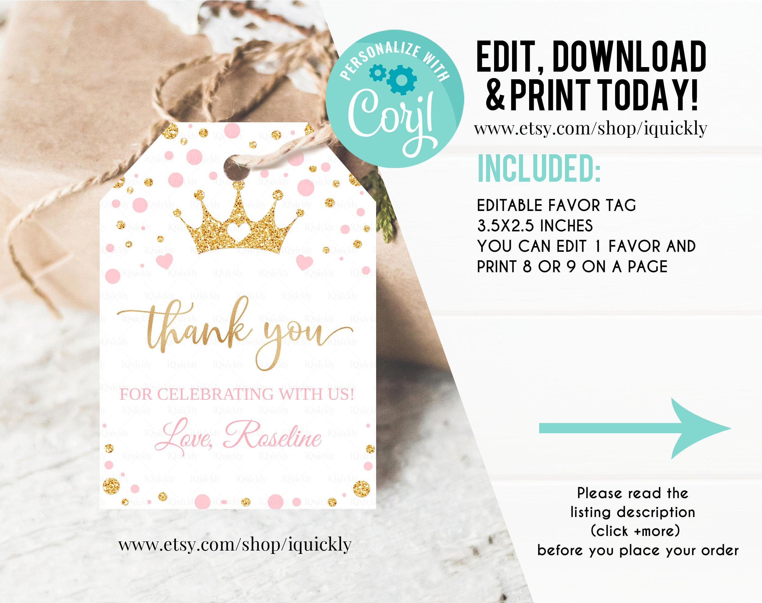 Editable Princess Baby Shower Favor tags, Pink and gold Little princess birthday Thank you tags, Gift tags Digital Instant download Template