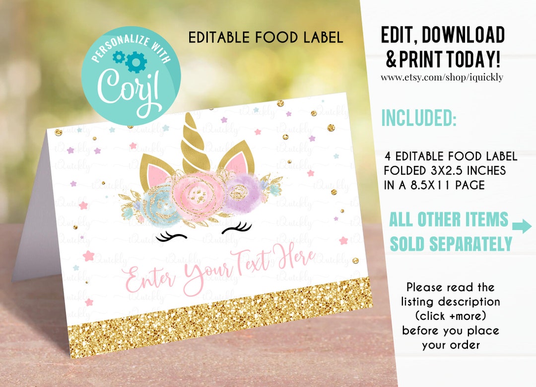 EDITABLE Unicorn Food Tags Buffet Label Tent Card Food Labels Place ...