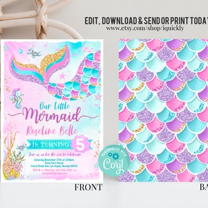 Editable Mermaid Birthday Invitation, Mermaid Invite, Under the Sea Birthday Party, Printable template Digital Instant Download M1 image 2
