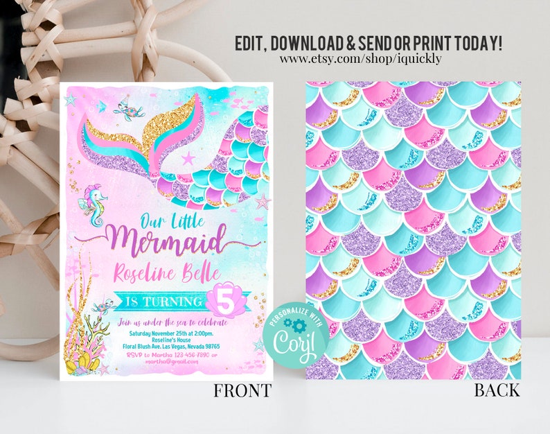 May include: A printable mermaid-themed birthday invitation featuring a pink, blue and gold mermaid tail design. The invitation reads "Our Little Mermaid Roseline Belle is turning 5".