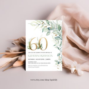 Pu&ograve; includere: Un invito per un 60&deg; compleanno con un numero 60 dorato circondato da foglie verdi ad acquerello e glitter dorato. L'invito include il testo "Unisciti a noi per celebrare il 60&deg; compleanno di Katherine Robinson, sabato 28 agosto | 14:00. Casa di Katherine, 2345 Floral Blush Ave. Las Vegas Nevada 98765, RSVP a Mariha 345 678-9000 o Mariha@gmail.com, www.etsy.com/shop/iquickly".