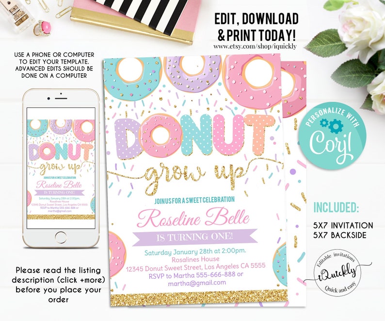 EDITABLE Donut Grow Up Birthday Invitation, Donut Grown Up Invite Donut 1st Birthday Party Invitations doughnut Girl invite Instant Download image 1