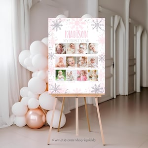 Hiver Onederland 1er anniversaire photo affiche flocon de neige modifiable première année bébé jalon board modèle imprimable mensuel téléchargement numérique