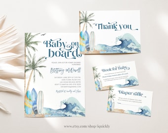 Baby on Board Invitation Bundle Editable Surf Beach Baby Shower Invite Suite Summer Baby Shower Set Printable Template Shower Evite Pack