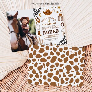 May include: A brown and white invitation with a cowboy hat, boots, and a horseshoe. The text reads "Saddle Up and Join Us to Celebrate Wyatt's First Rodeo".