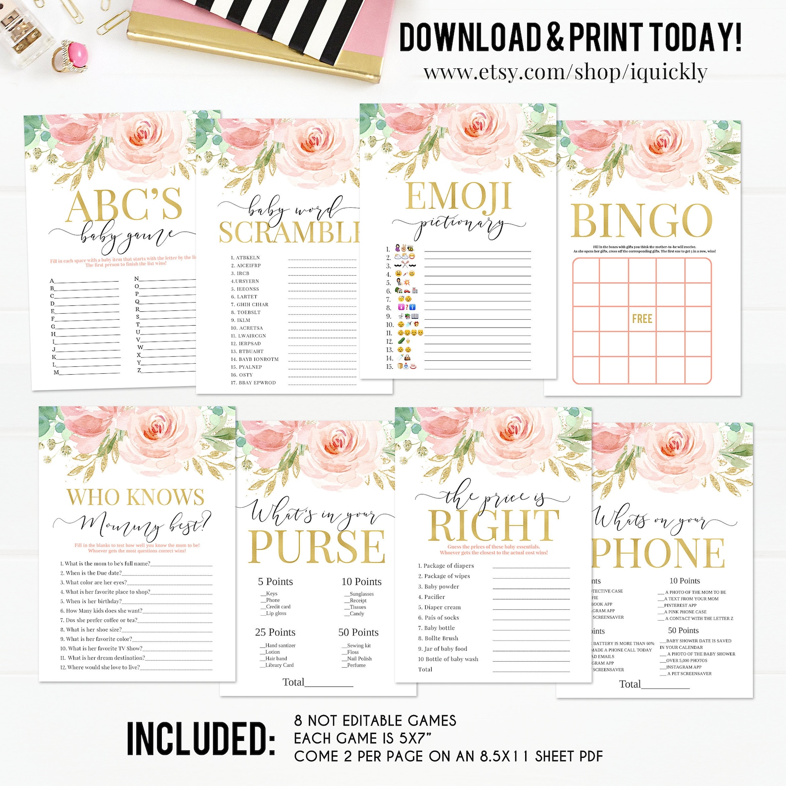 Blush Pink Floral Baby Shower Games, Pink and Gold Baby Shower Game ...