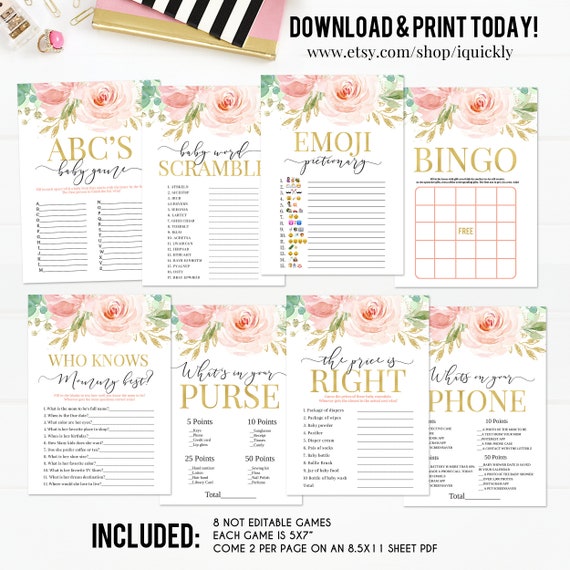 Blush Pink Floral Baby Shower Games, Pink and gold Baby Shower Game Bundle, Girl Flower Emoji Bingo Instant Download Digital Printable Il_570xn