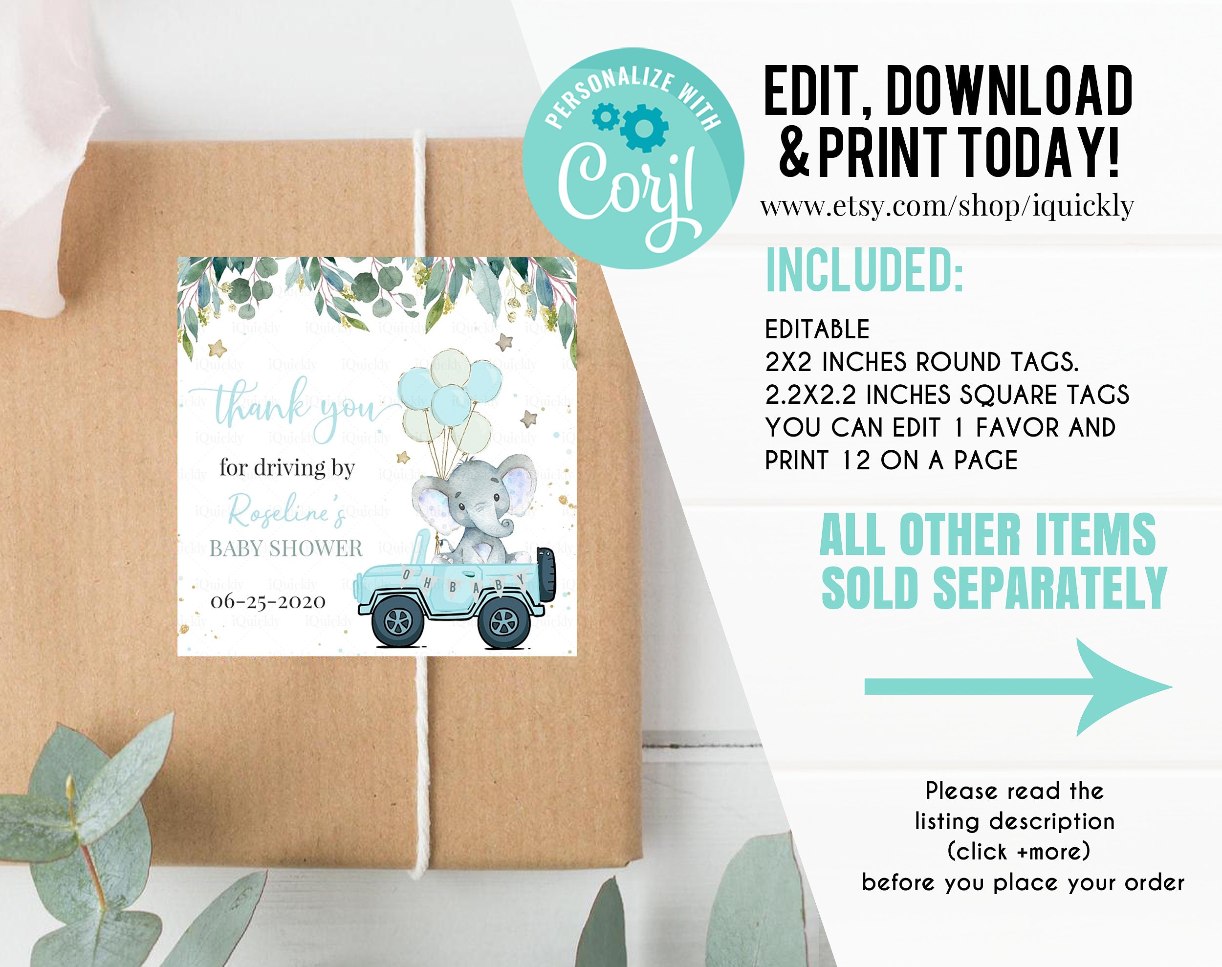Editable Drive by Baby Shower Favor Tag Elephant Drive Through Etsy