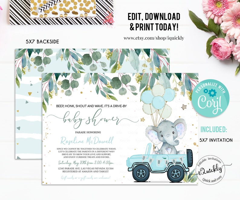 Editable Drive by Baby Shower Invitation Elephant Baby Shower Etsy