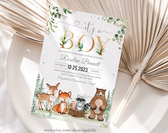 Woodland Baby Shower Invitation, EDITABLE Gender Neutral Woodland animals invitations, Its a boy Woodland Theme Template Instant download