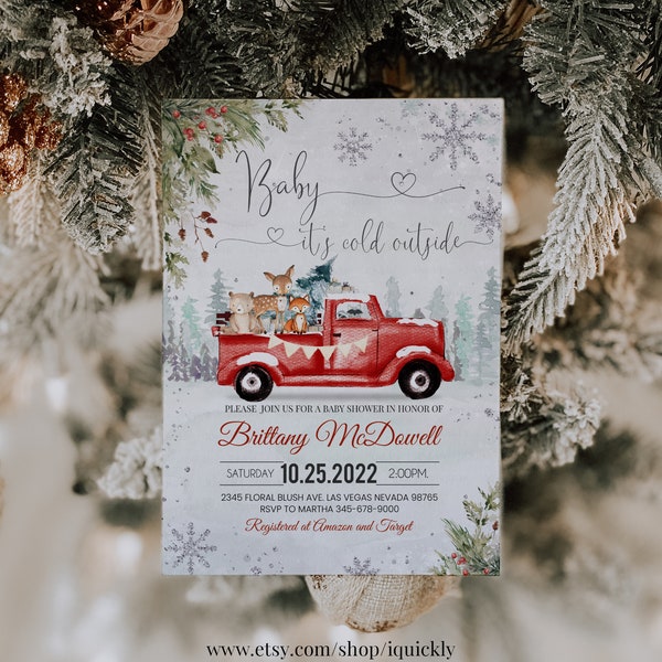 Editable Winter Woodland Red Truck Snowy Baby Shower Invitation Baby It's Cold Outside Invite Printable Instant Download