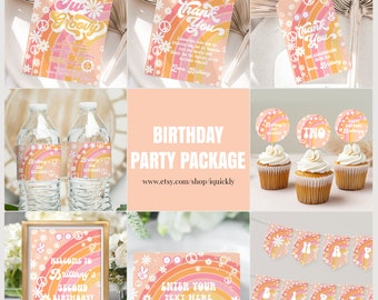 Bearbeitbare Groovy Partydekorationen Daisy Party Paket Geburtstagseinladungen Bundle Retro Hippie Vorlage Digital Sofort Download G202