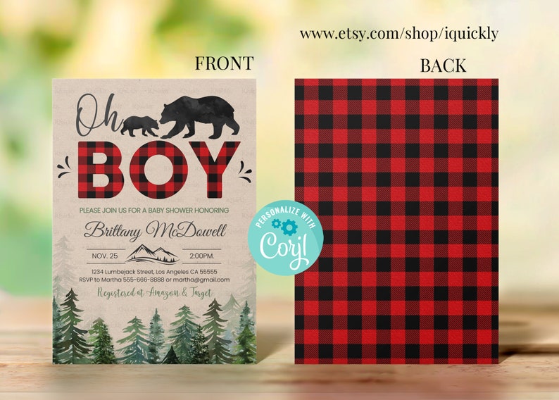 Lumberjack Baby Shower Invitation Bundle Editable, Buffalo Plaid Pack Diaper raffle, Book for Baby Set, Rustic Boy Package, Instant Download image 2