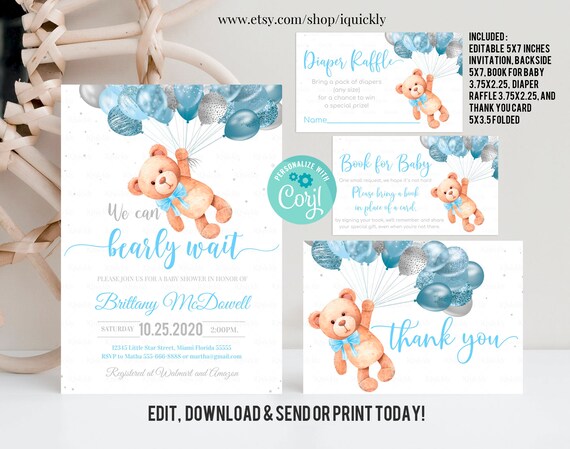 Editable Teddy Bear Baby Shower Invitation Set Bear Themed Invite Bundle Printable Bearballoons Invitations Package Pack Template Download By Iquickly Catch My Party