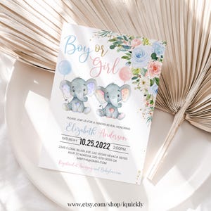 Genere rivela elefante Baby Shower invito MODIFICABILE ragazzo o ragazza Baby elefante invito modello stampabile Download digitale
