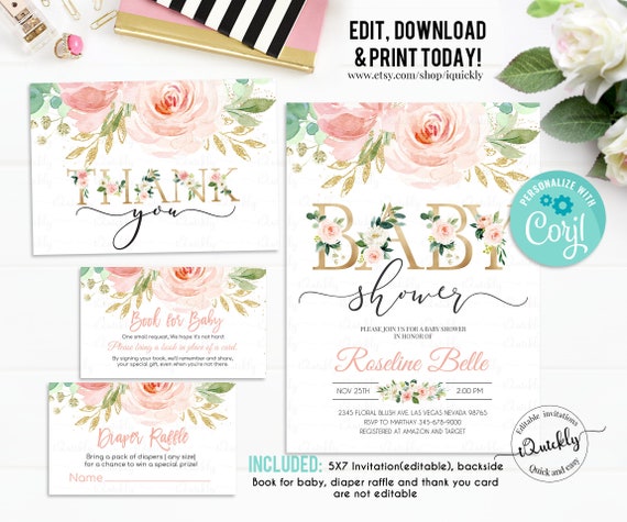 Instant access 002HPA 05 EDITABLE Floral blush pink diaper raffle book request eucalyptus books for baby confetti cards Pumpkin party