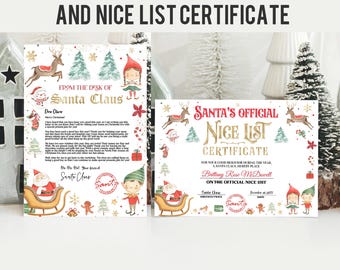 May include: A festive Christmas-themed print featuring an official letter from Santa Claus and a Nice List certificate. The letter and certificate have illustrations of Santa, reindeer, elves, and Christmas trees. The text includes "Official Letter From Santa" and "Nice List Certificate."