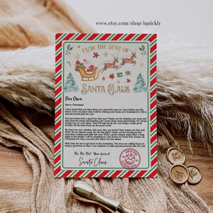 May include: A Christmas-themed letter from Santa Claus, featuring a festive red and green border with candy cane stripes. The letterhead reads "From the Desk of Santa Claus" with illustrations of Santa's sleigh and reindeer.